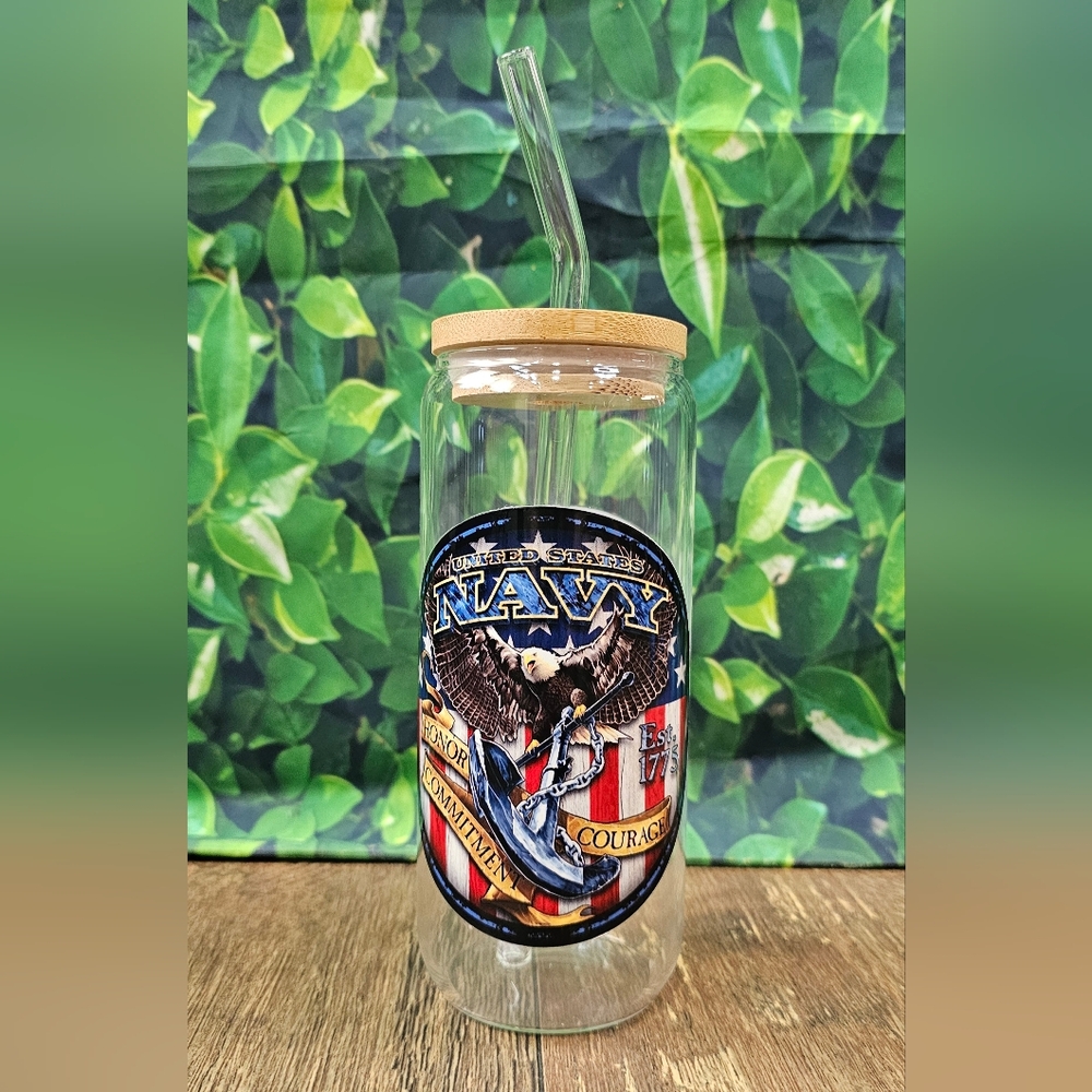 United States Navy Glass Tumbler with Straw
